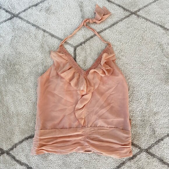 BCBG Petal Pink Beaded Ruffle Tie Back Georgette 90s Y2K Halter Sz Med - Picture 1 of 7